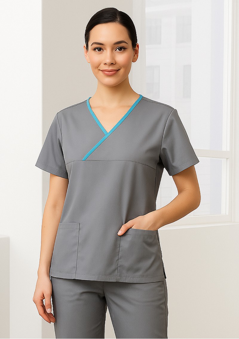 H10722 - Ladies Crossover Contrast Scrubs Top