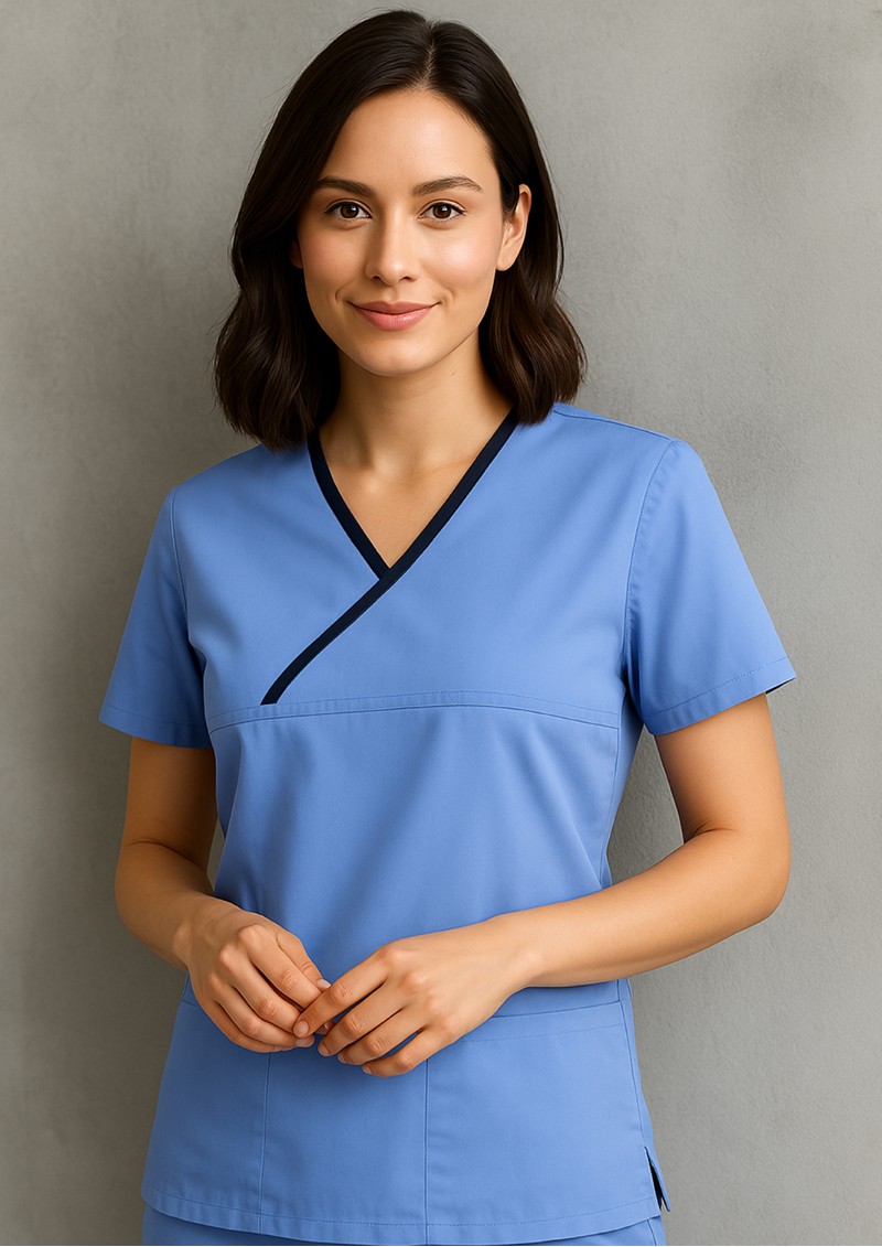 H10722 - Ladies Crossover Contrast Scrubs Top